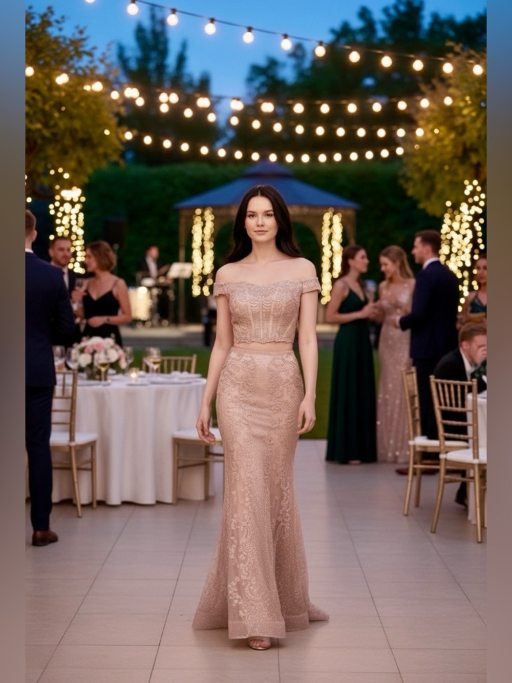 Ellie Wilde Mon Cheri Rose Gold Beaded Prom Dress. EW119016